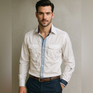 EUC Elegant Facunnable White and Blue Men's Button-Down Shirt NEW